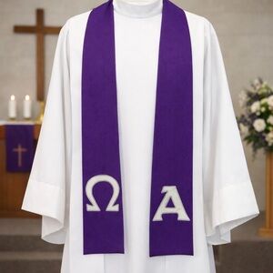 CM Almy Clergy Stole Purple 55" Embroidered Alpha Omega Vestment Priest Pastor
